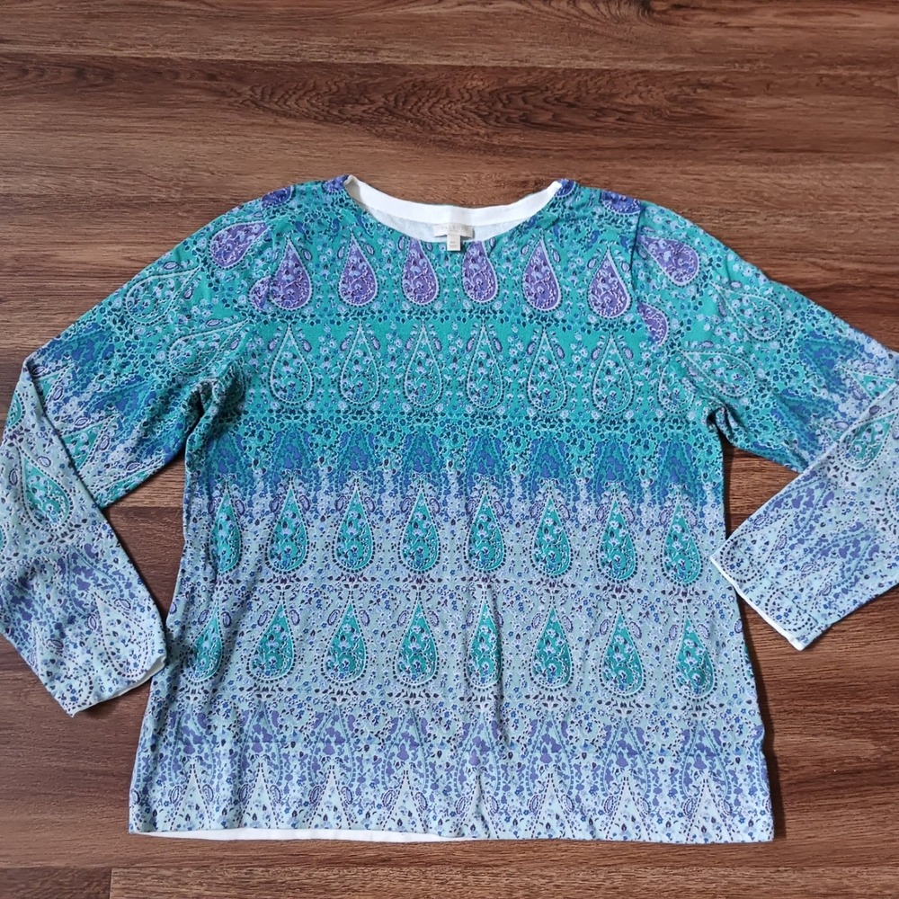 Talbots Petites Cotton Paisley Sweater Teal Purple Blue Crew Neck Size MP
